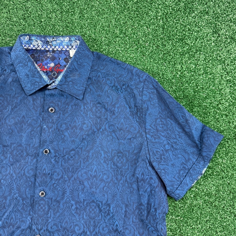 Robert Graham Mens Short Sleeve Button Shirt Size Large Blue Floral Print